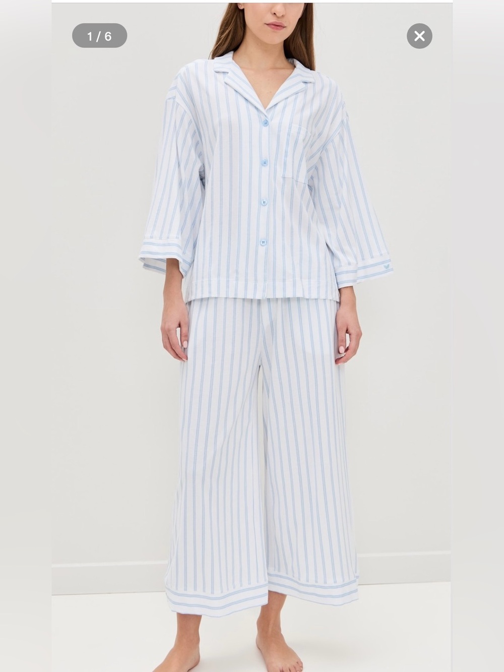 Petite Plume Olivia Wide Leg Pima Pajama Set Periwinkle Stripe Size Large